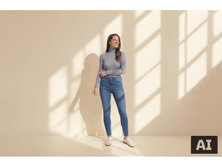 Frau in grauem Rollkragenpullover und Jeans steht vor einer Wand mit Schatten.