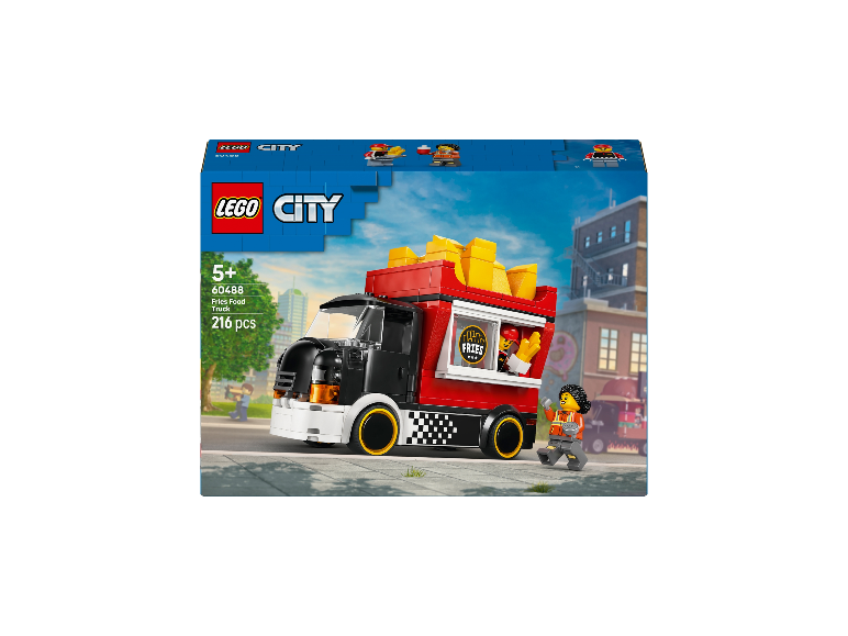 LEGO City 60488 Pommes-Truck Spielset mit einem rot-schwarzen Foodtruck und zwei Minifiguren.
