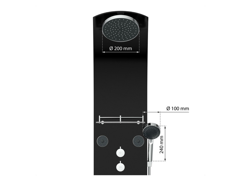 Eine große Regendusche, eine Handbrause und zwei kleine Sprinkler auf einer schwarzen Duschwand.