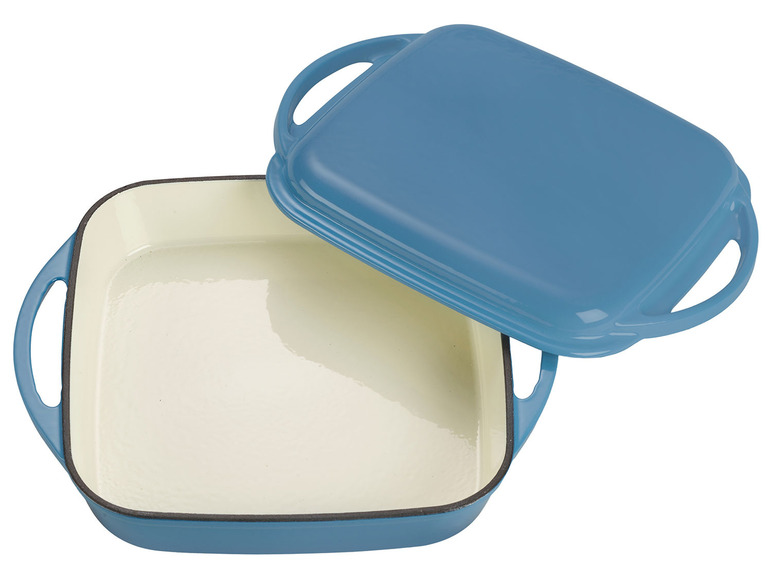 Eine blaue gusseiserne Auflaufform mit Deckel.