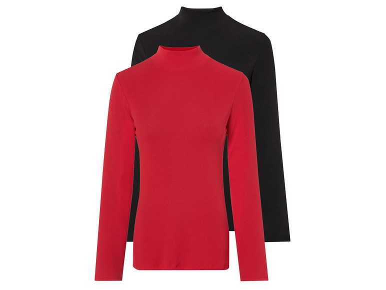 Zwei Langarmshirts, eines rot und eines schwarz, mit hohem Kragen.