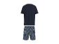 Herren-Pyjama mit dunkelblauem T-Shirt und gestreiften Shorts.