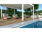 Ein Pool mit Holzterrasse, Loungeset und Pergola.