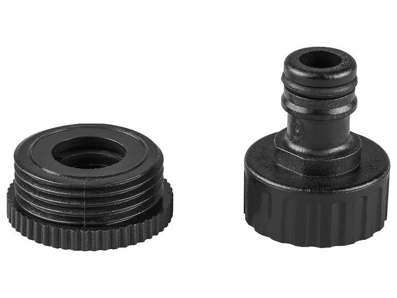 Zwei schwarze Kunststoff-Gartenschlauchverbinder, einer mit Außengewinde und einer mit Innengewinde.
