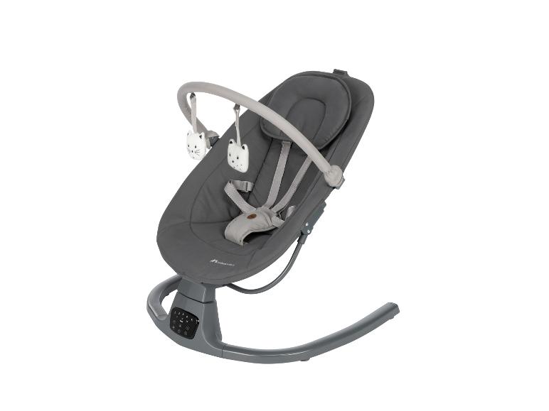 Graue Babywippe mit Spielbogen und hängenden Spielzeugen