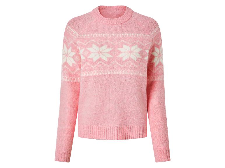 Rosa Strickpullover mit weißen Schneeflockenmustern.
