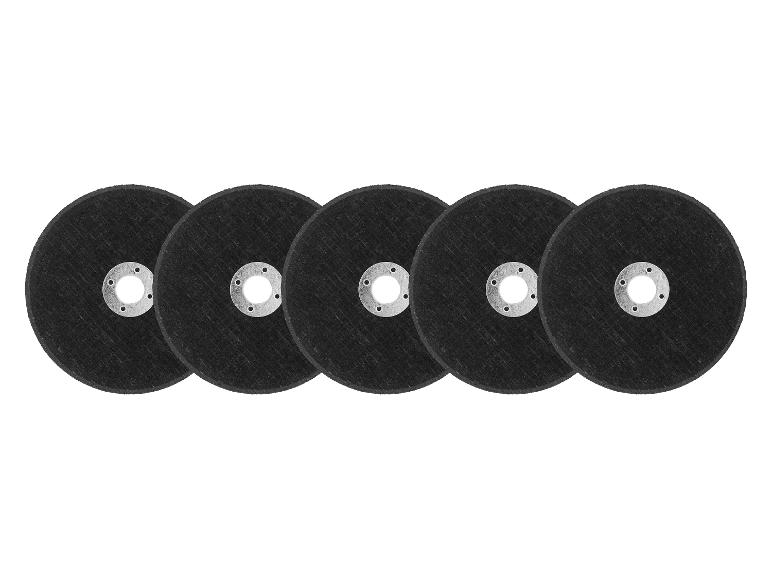 Fünf schwarze Trennscheiben mit Metallzentren, horizontal in einer Reihe angeordnet.