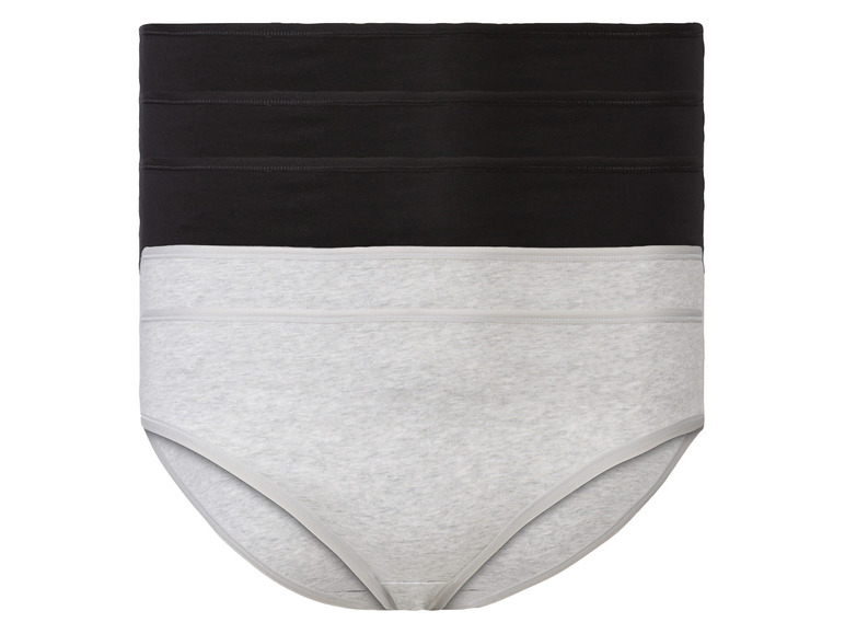 Drei Paar Damen-Unterhosen, zwei davon schwarz und eine grau.