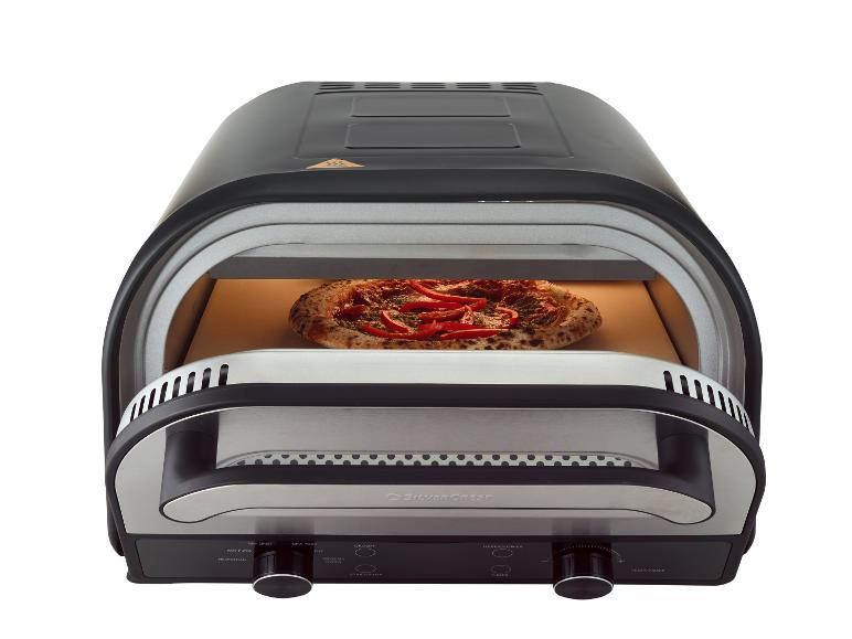 Schwarzer Pizzaofen mit Pizza darin, Bedienelementen für verschiedene Krustentypen und Temperatureinstellungen.