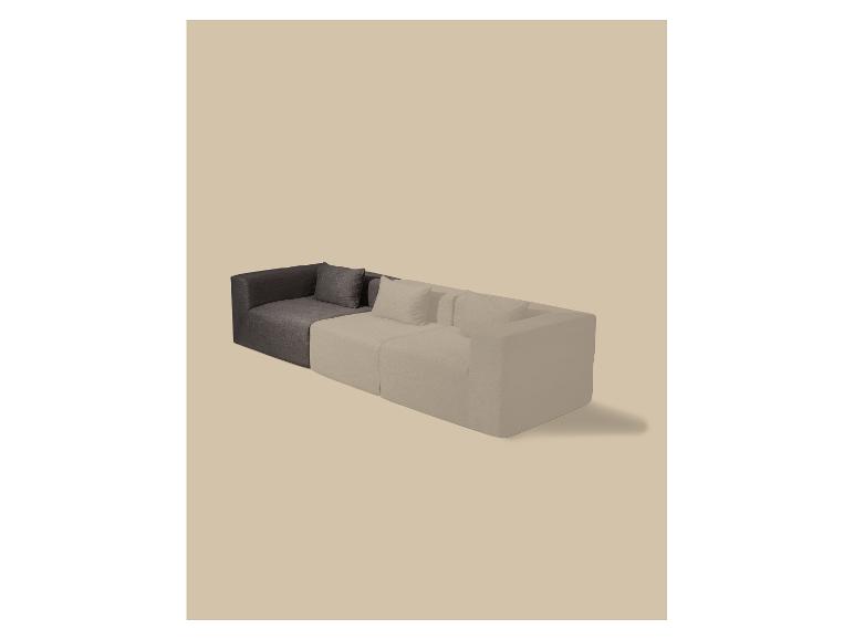 Modulares L-förmiges Sofa in Dunkelgrau und Beige, mit Kissen.