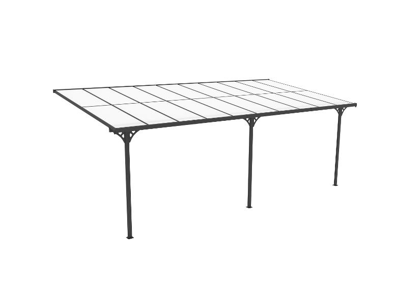 Schwarze Metallpergola mit lichtdurchlässigem Dach, gestützt von vier Pfosten.