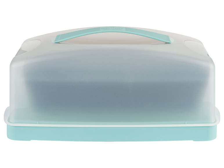 Eine transparente Kuchenbox aus Plastik mit blauem Deckel.