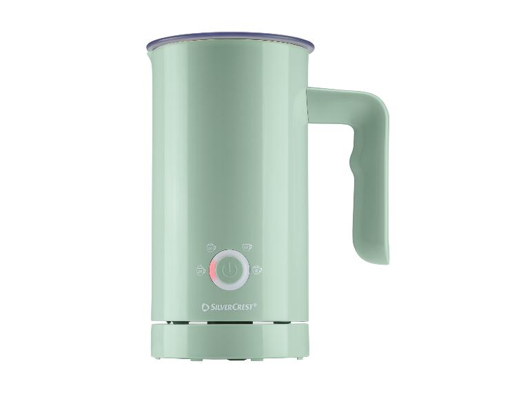 Mintgrüner Milchaufschäumer mit Griff und Basis, zeigt Heiz- und Kühlsymbole.