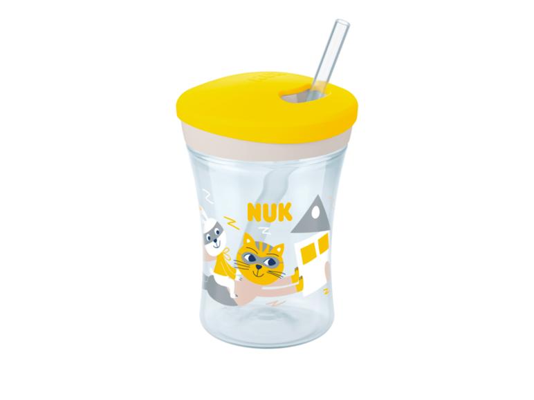 Kinderbecher mit gelbem Deckel, Strohhalm und Superhelden-Tierzeichnungen