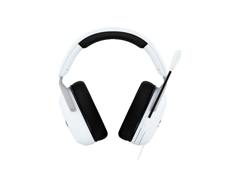 Weißes Gaming-Headset mit Mikrofon, von vorne gesehen.