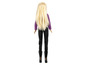 Eine Barbiepuppe mit langen blonden Haaren, einem lila Pullover, einer schwarzen Hose und schwarzen Stiefeln.