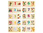 Holzp puzzle mit Zahlen und Illustrationen.