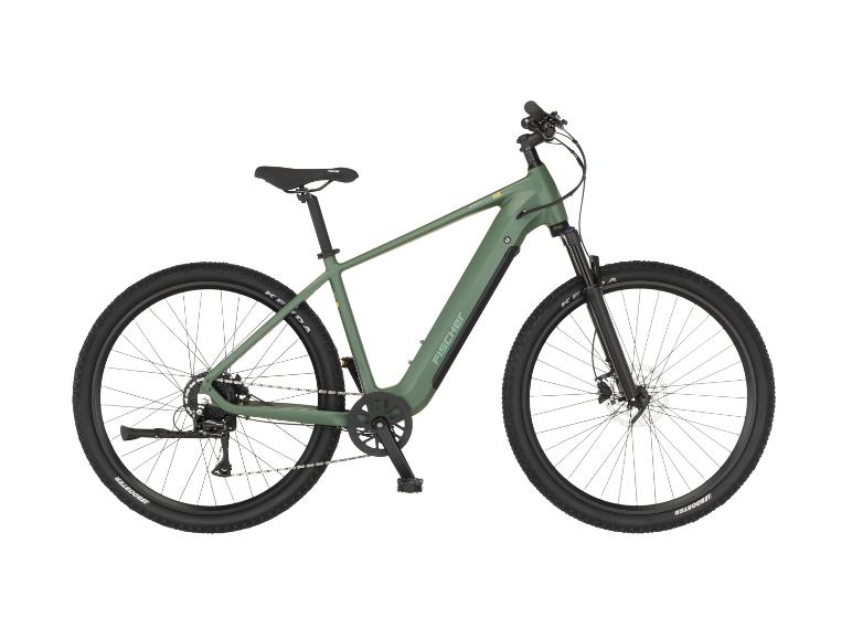 Grünes elektrisches Mountainbike mit schwarzen Reifen und schwarzen Akzenten.