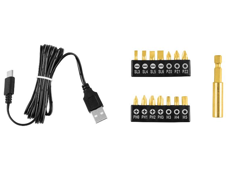 USB-C Ladekabel und zwei Sätze Schraubendreher-Bits mit Bithalter.