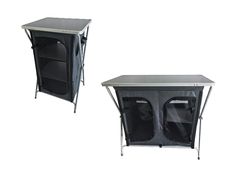 Zwei graue, klappbare Campingschränke mit Tischplatte und Staufächern