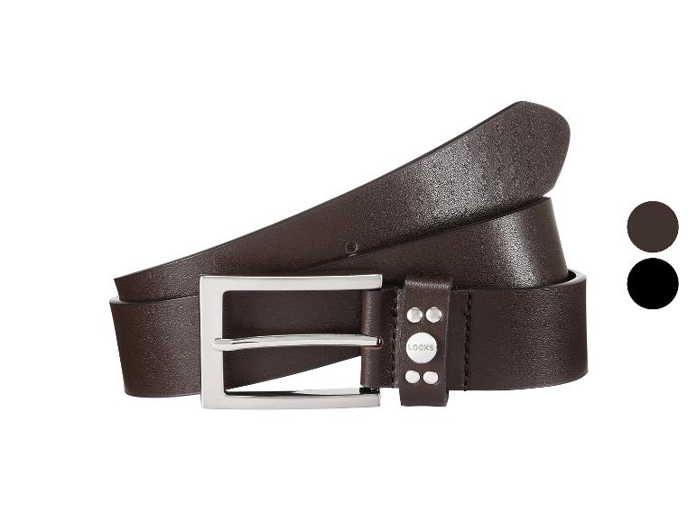 Brauner Ledergürtel mit silberner Schnalle und Metalldetails, mit braunen und schwarzen Farboptionen.