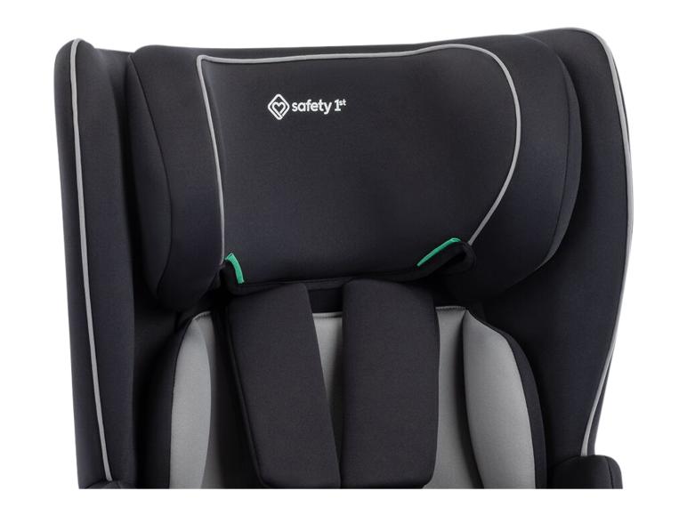 Dunkelgrauer Kindersitz mit grauen Akzenten und weißem Logo