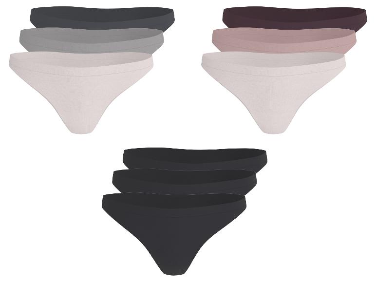 Set aus drei Damen-Slips in verschiedenen Farben: Grau, Beige und Schwarz.