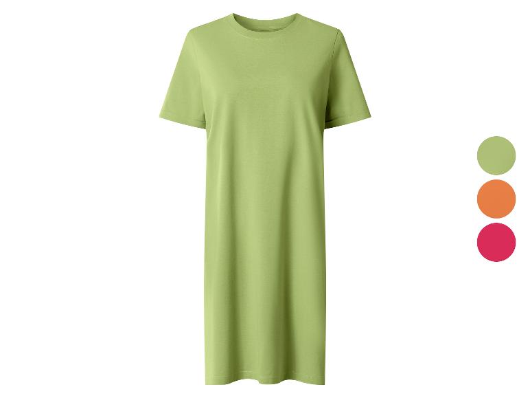 Limettengrünes T-Shirt-Kleid mit kurzen Ärmeln, mit orangefarbenen und fuchsiafarbenen Farbmustern