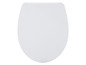 Ein weißer Toilettensitz, von vorne betrachtet.