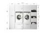 Waschküche mit Waschmaschinen, Trocknern und weißen Lagerschränken, mit Maßen.
