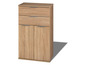 Ein Holzschrank mit zwei Türen und zwei Schubladen.