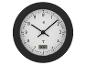 Eine schwarze Wanduhr mit digitaler Temperaturanzeige.