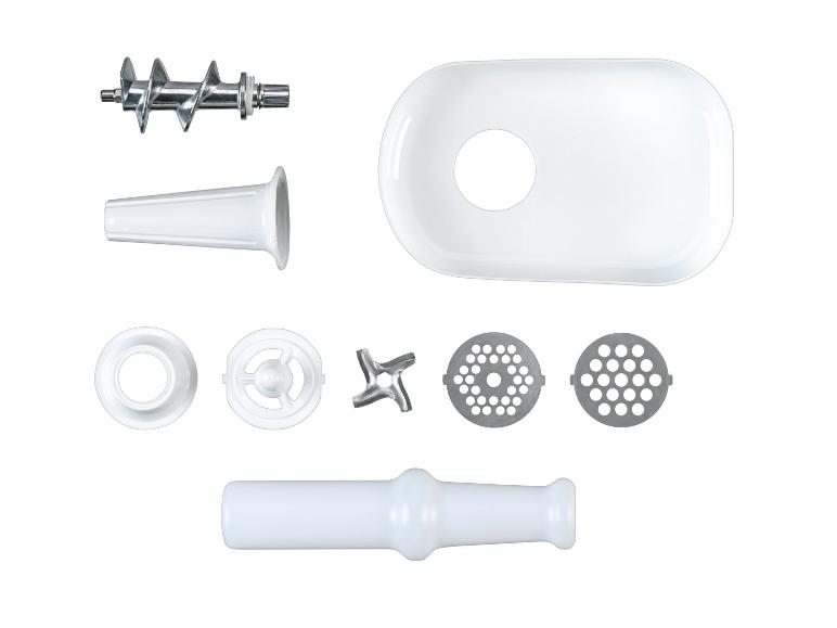 Fleischwolf-Komponenten, einschließlich Schnecke, Tablett, Scheiben und Zubehör.