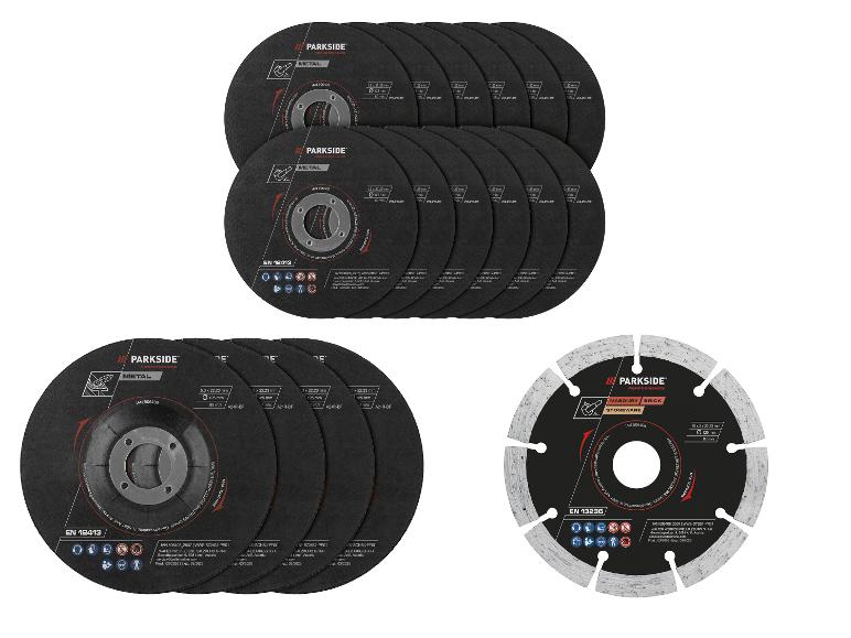 Sortiment an Trenn- und Schleifscheiben für Metall und Mauerwerk, mit verschiedenen Größen und Spezifikationen.