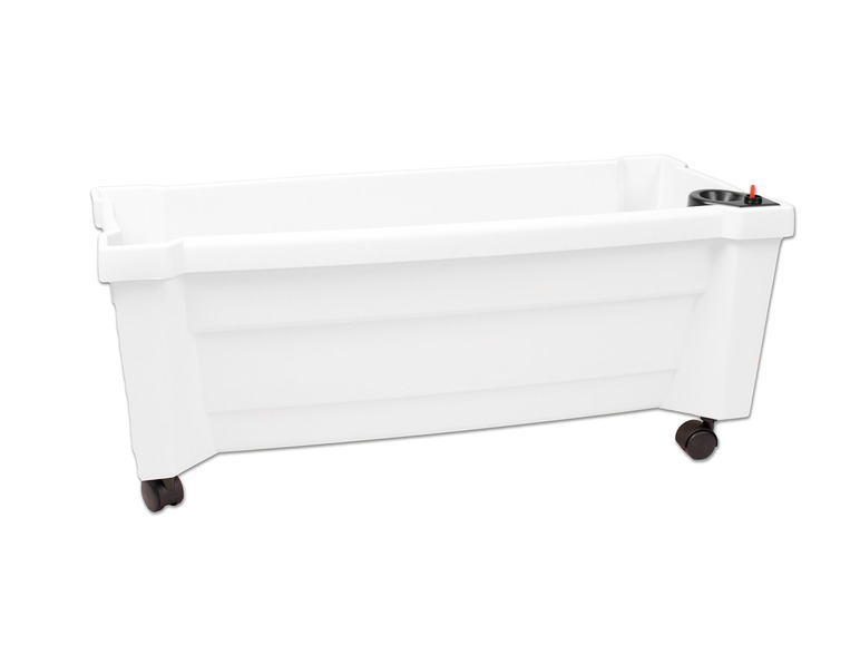 Eine weiße Aufbewahrungsbox mit Rollen.