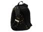 Schwarzer Schulrucksack mit gelben Sternenmustern, Rückansicht.