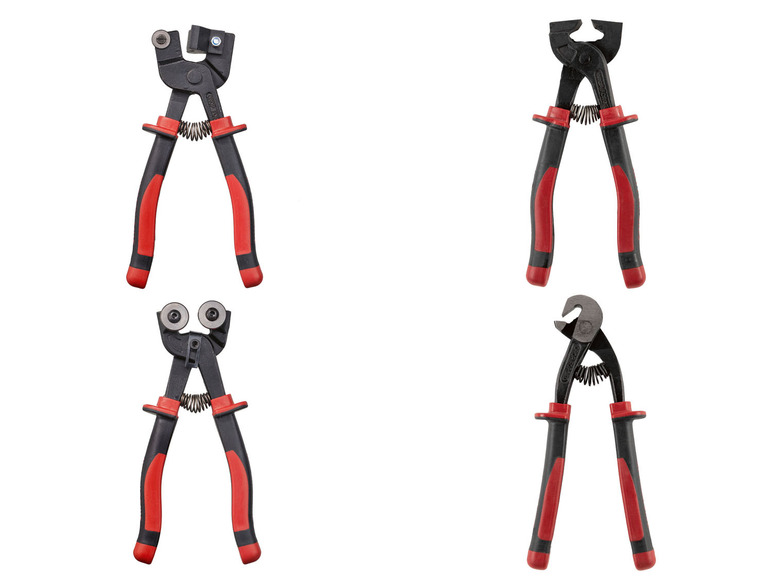 Vier Arten von Zangen mit roten Griffen, zum Schneiden und Biegen von Fliesen.