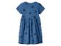 Blaues Kinderkleid mit kurzen Ärmeln und schwarzen Herzen.
