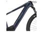 Dunkelblaues E-Mountainbike mit Mittelmotor und Stollenreifen.
