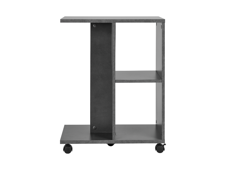 Schwarzer Beistelltisch auf Rollen mit zwei Ablagen.
