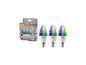 Set aus drei smarten mehrfarbigen LED-Kerzenlampen mit E14-Fassung und Verpackung.