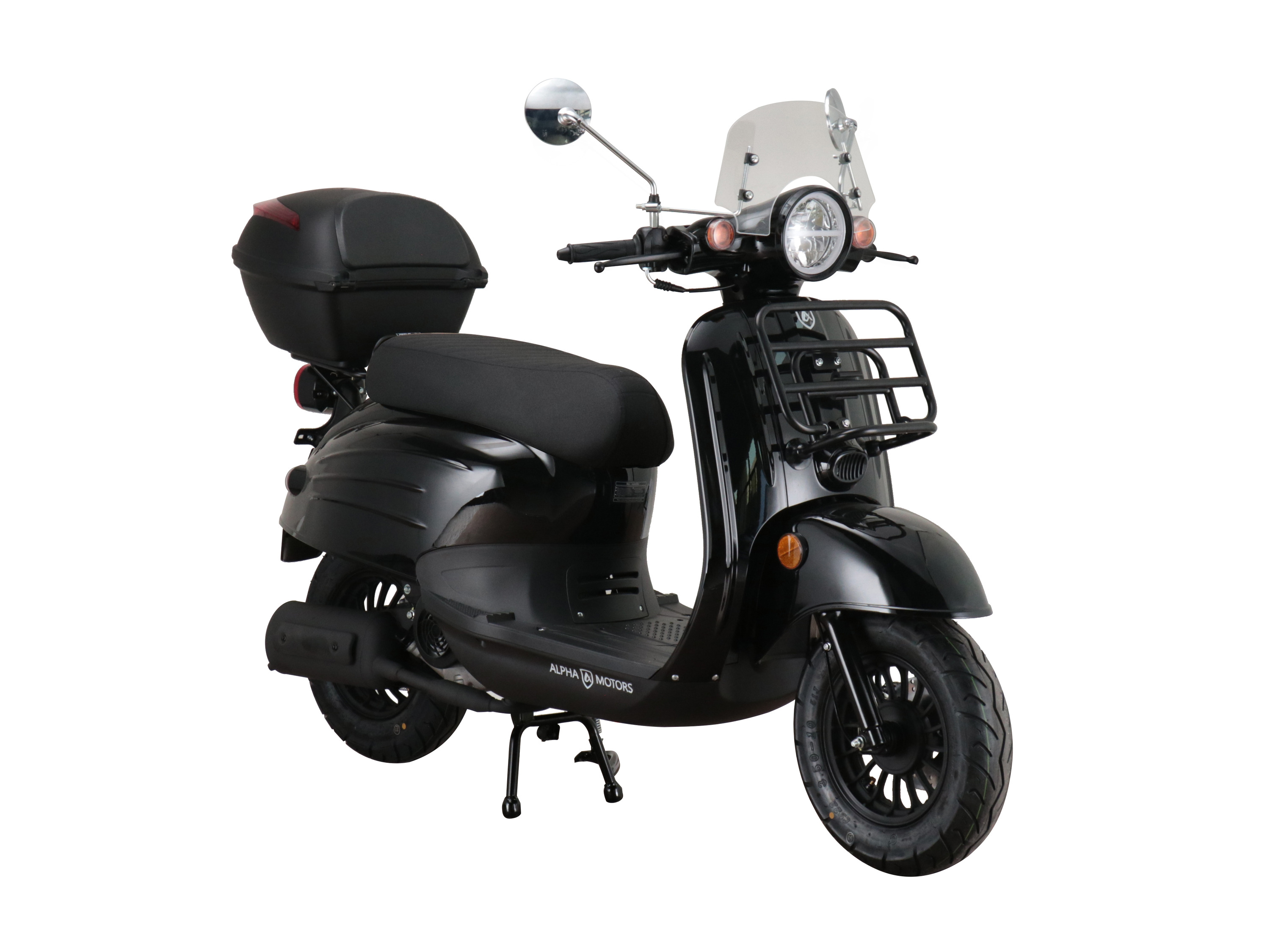 Alpha Motors Motorroller Adria 50 ccm EURO 5 inkl. Windschild und Topcase (Schwarz, 45 km/h)““ | Leistung 45 km/h: 2,3 kW / 3,1 PS Viertaktmotor mit moderner Kraftstoffeinspritzung EFI Verbrauch 25 km/h: ca. 3 l/100 km