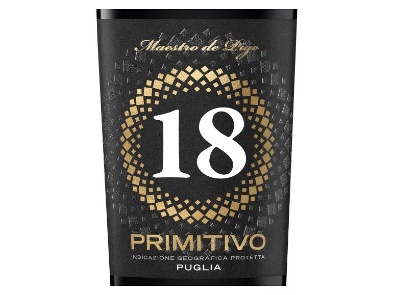 Schwarze Weinflasche mit weißer Nummer 18 und goldenem Text „Primitivo Puglia“.