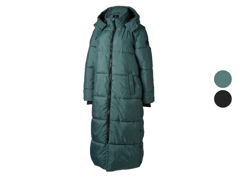 Langer, gesteppter Wintermantel in Dunkelgrün mit schwarzem Reißverschluss.