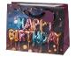 Geburtstagsgeschenktüte mit bunten Ballons, die „HAPPY BIRTHDAY“ bilden, und Konfetti.
