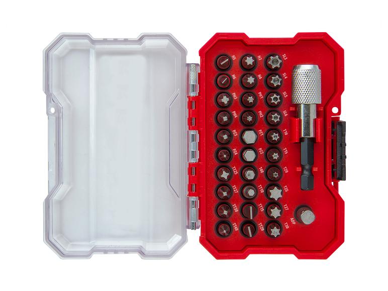 Schraubendreher-Bit-Set in roter Box mit transparentem Deckel