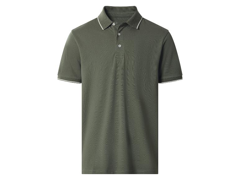 Dunkelgrünes Poloshirt mit weiß gestreiftem Kragen und Ärmelbündchen.