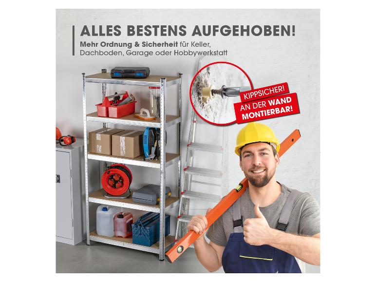 Lagerregal voller Werkzeuge und Zubehör, Mann mit Daumen hoch. Text: Alles bestens aufgehoben!