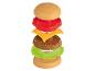 Ein Plastik-Hamburger-Spielset mit Brötchen, Patty, Käse, Tomate und Salat.