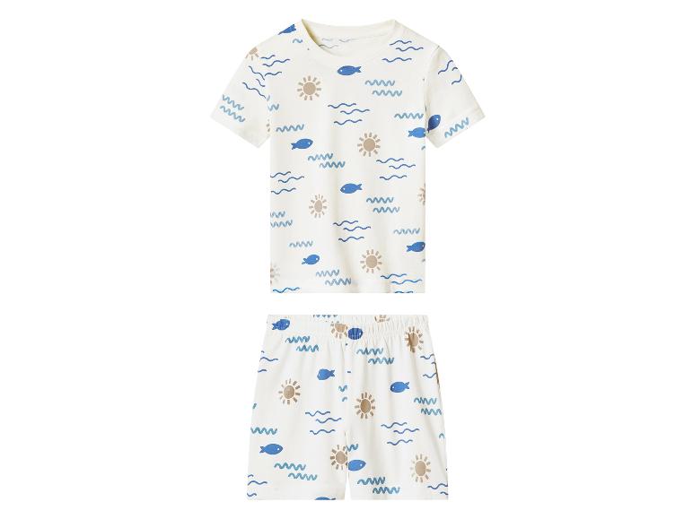 Weißes Kinder-Kurzarm-Pyjama-Set mit blauen Fisch-, Wellen- und Sonnenmustern.
